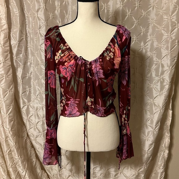Free People Red Floral Print of Paradise Mesh Tie Front Crop Top Bell Sleeve - Picture 4 of 12